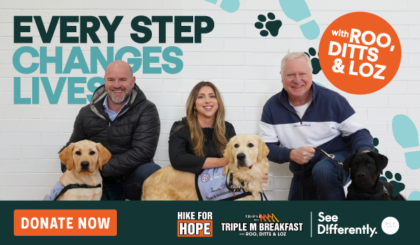 Roo, Loz & Ditts with three Guide & Assistance Dogs, with Hike for Hope branding.