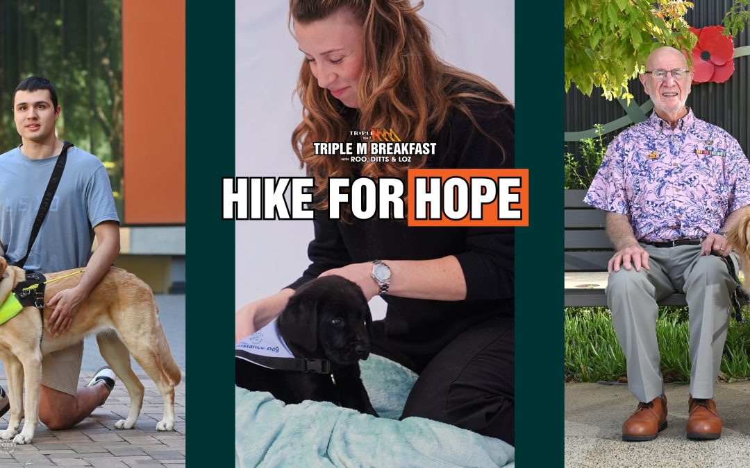 "Hike for Hope" banner with Triple M Breakfast branding, showing three people with their assistance dogs: a young man kneeling beside a golden Labrador guide dog, a woman cuddling a black Labrador puppy, and an older man seated on a bench with a golden retriever assistance dog. See Differently logo in the bottom left.